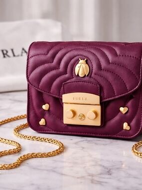 Furla Mini Crossbody Plum Leather Quilted Heart Stud Ladybug Chain Bag NWT